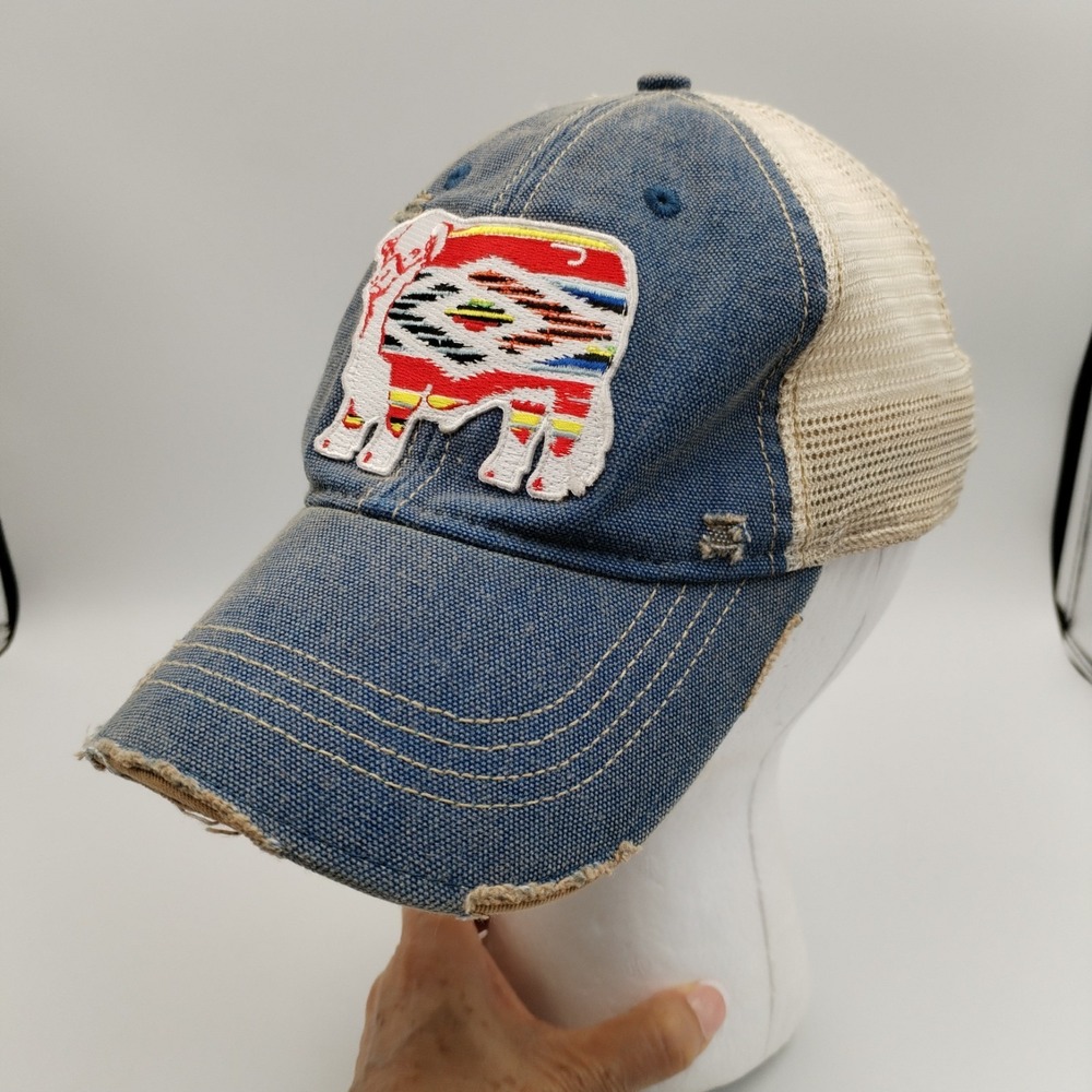 Western Aztec Cow Trucker Hat Distressed Blue Denim Mesh Snapback Southwest Patc